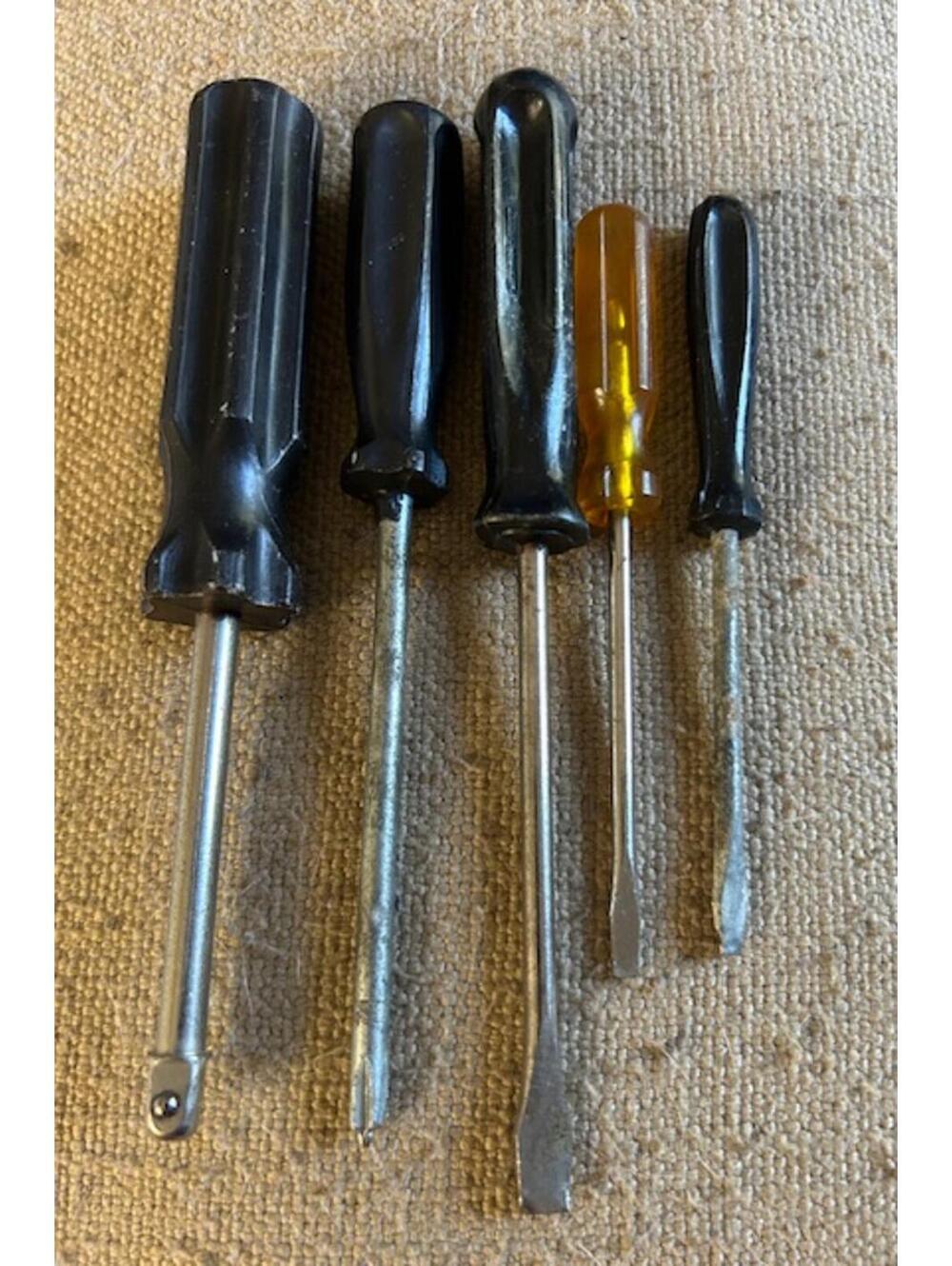 Set of 5 Vintage Screwdrivers with Black and Amber Handles